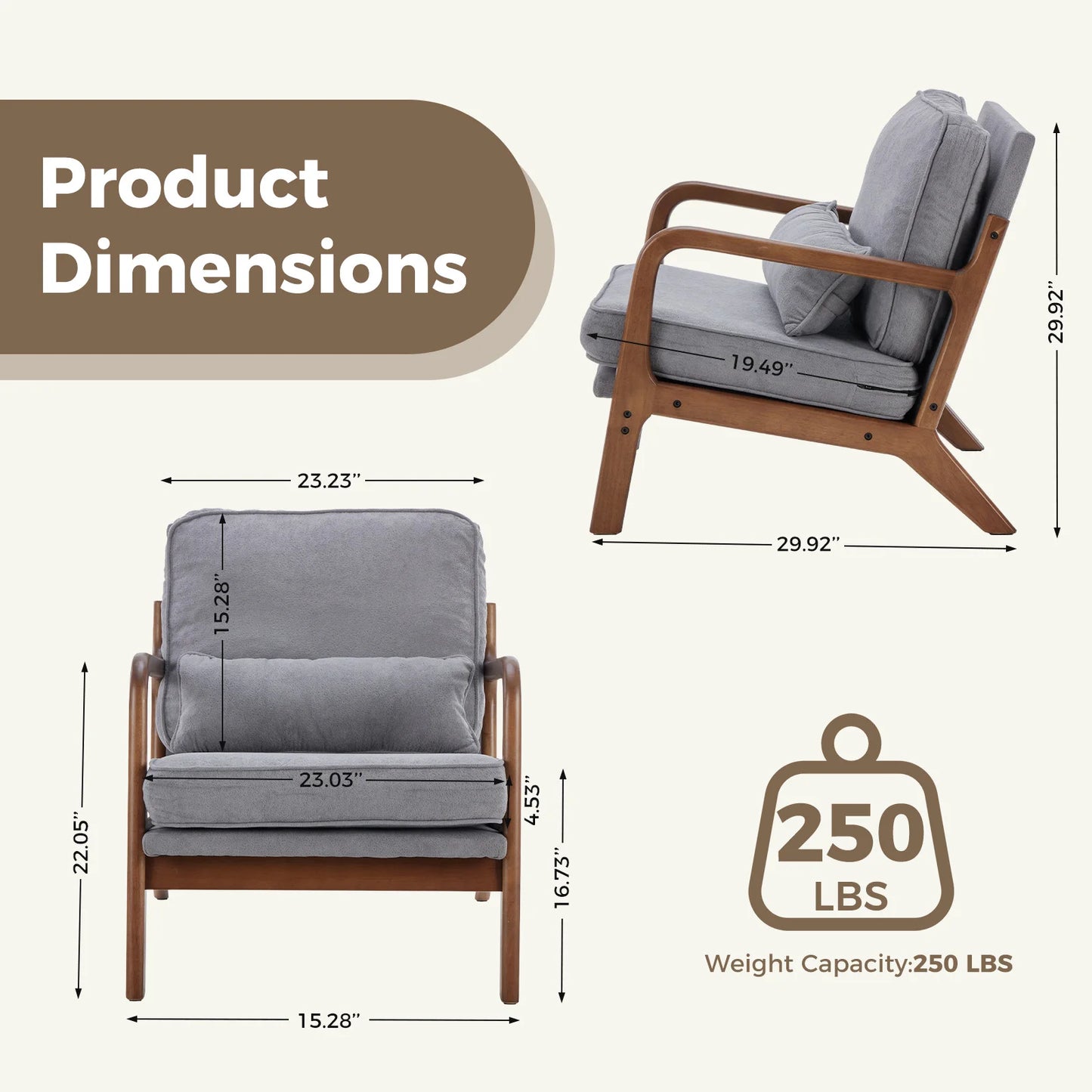 JHK Mid Century Modern Accent Chair With Solid Wooden Frame And Armrests