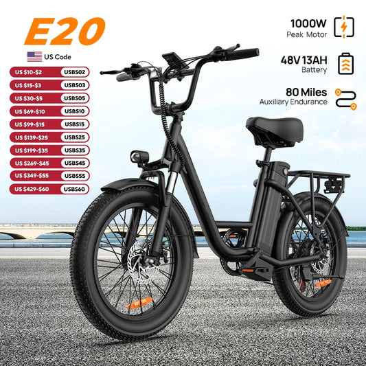 1000W E20 Electric Bike 48V Battery 20x3 Fat Tire 7 Speed