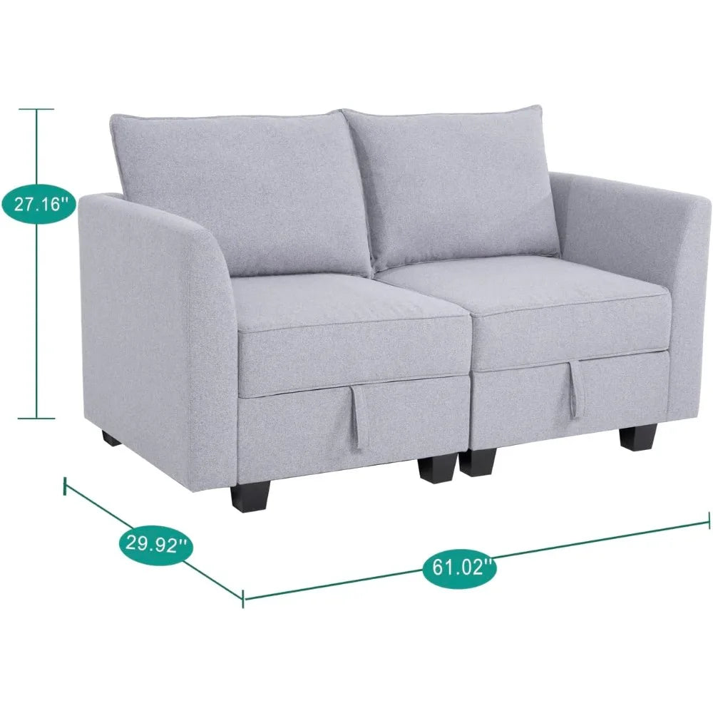 Grey Linen Modular Loveseat Sofa Bed With Extendable Wood Frame