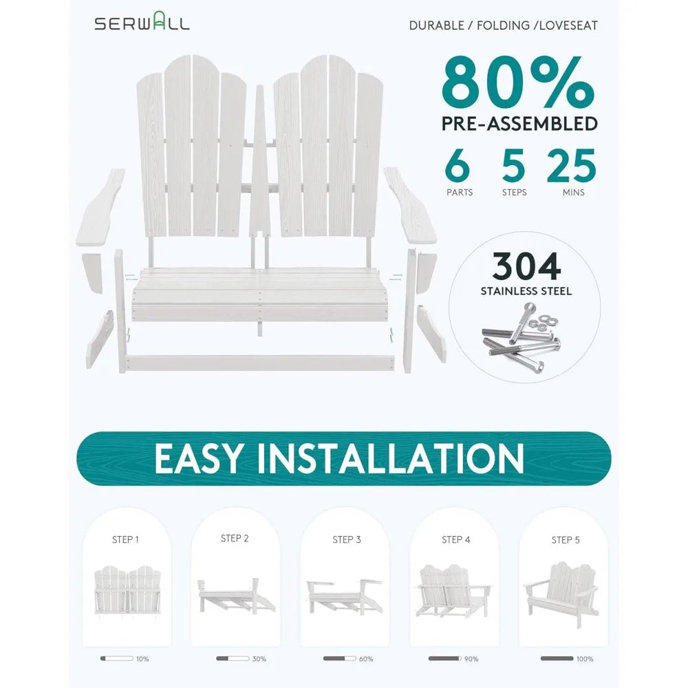 Folding Adirondack Bench HDPE All-Weather Loveseat 660 Lbs Capacity Foldable Outdoor Patio Bench for Deck and Lawn
