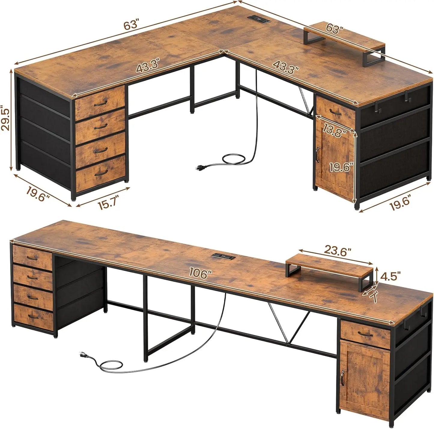 63 Inch L Shaped Corner Desk With 5 Drawers And Power Outlet For Home Office