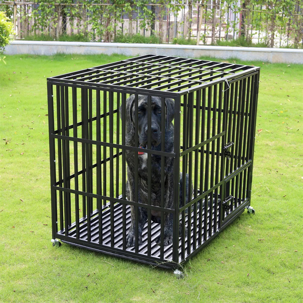 XXL Heavy Duty Dog Crate With Lockable Wheels And Tray Square Tube Metal Kennel