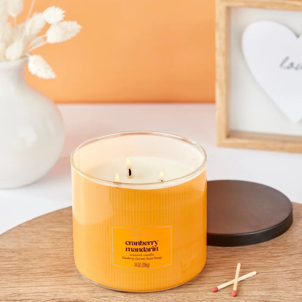 Cranberry Mandarin Scented Three Wick Candle 14 Oz With Decorative Wrap