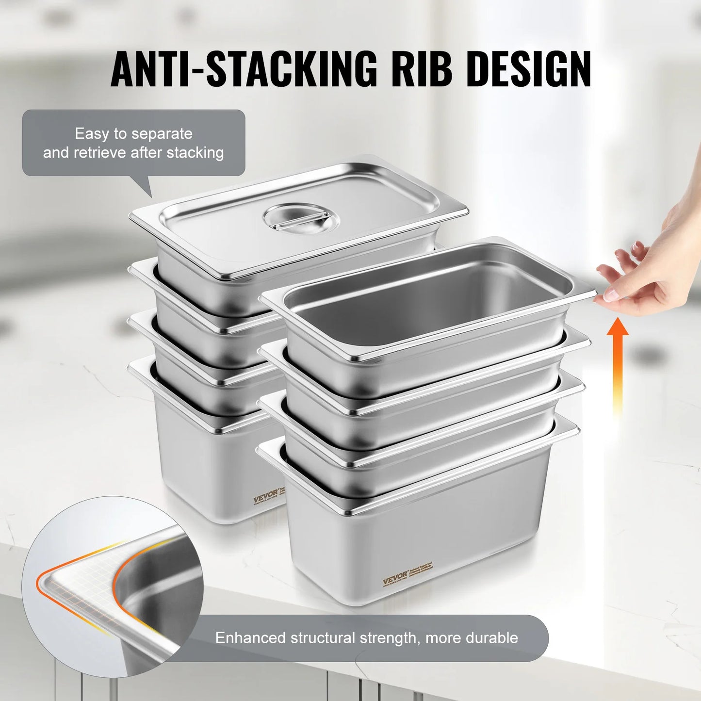 VEVOR 8 Pack Buffet Chafing Dishes 5.93L Stainless Steel Steam Table Pans with Lid 6 Inch Deep Catering Food Pan