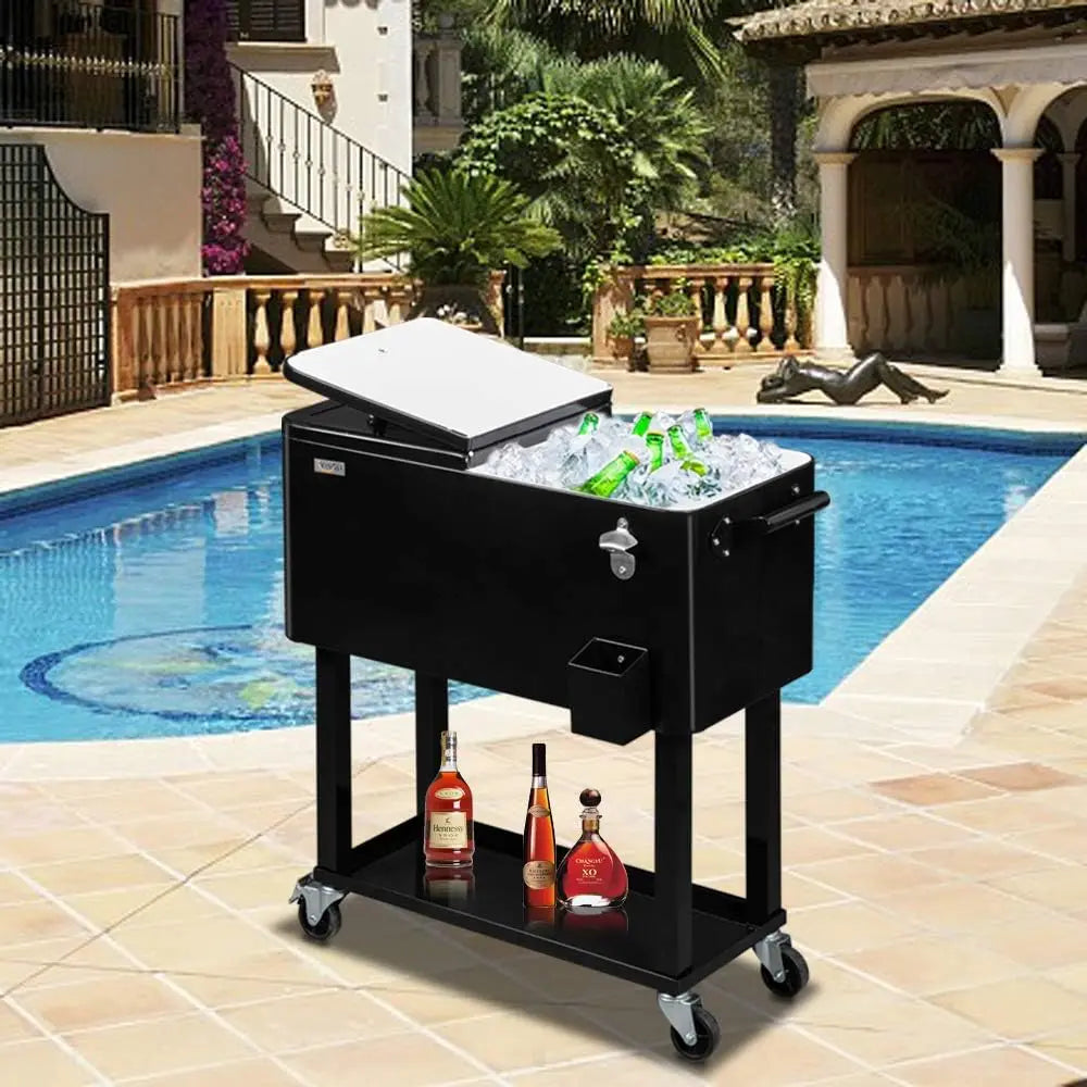 80 Quart Rolling Ice Chest Patio Bar With Cup Holder Wheels