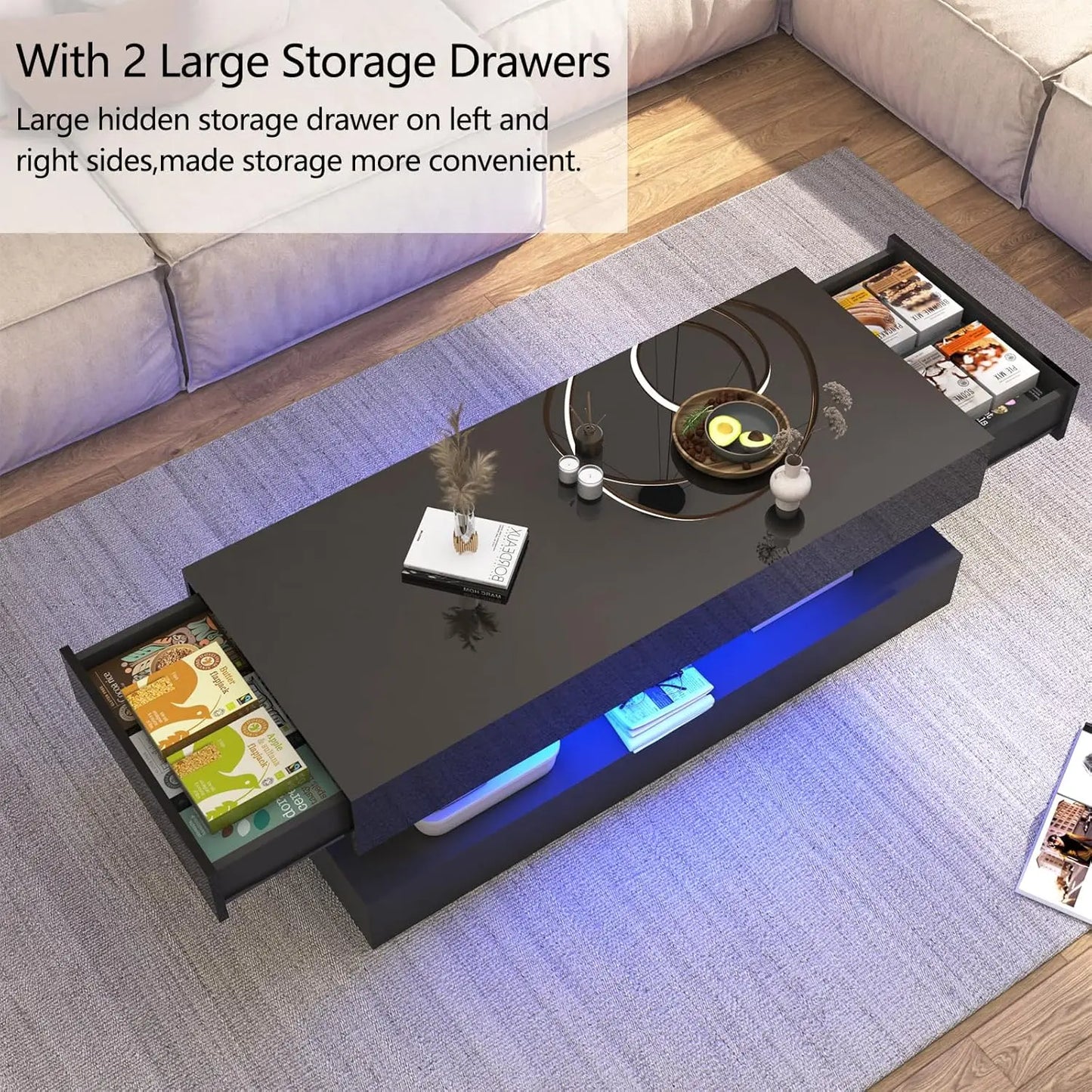 Modern Coffee Table With LED Lights And Storage Drawers