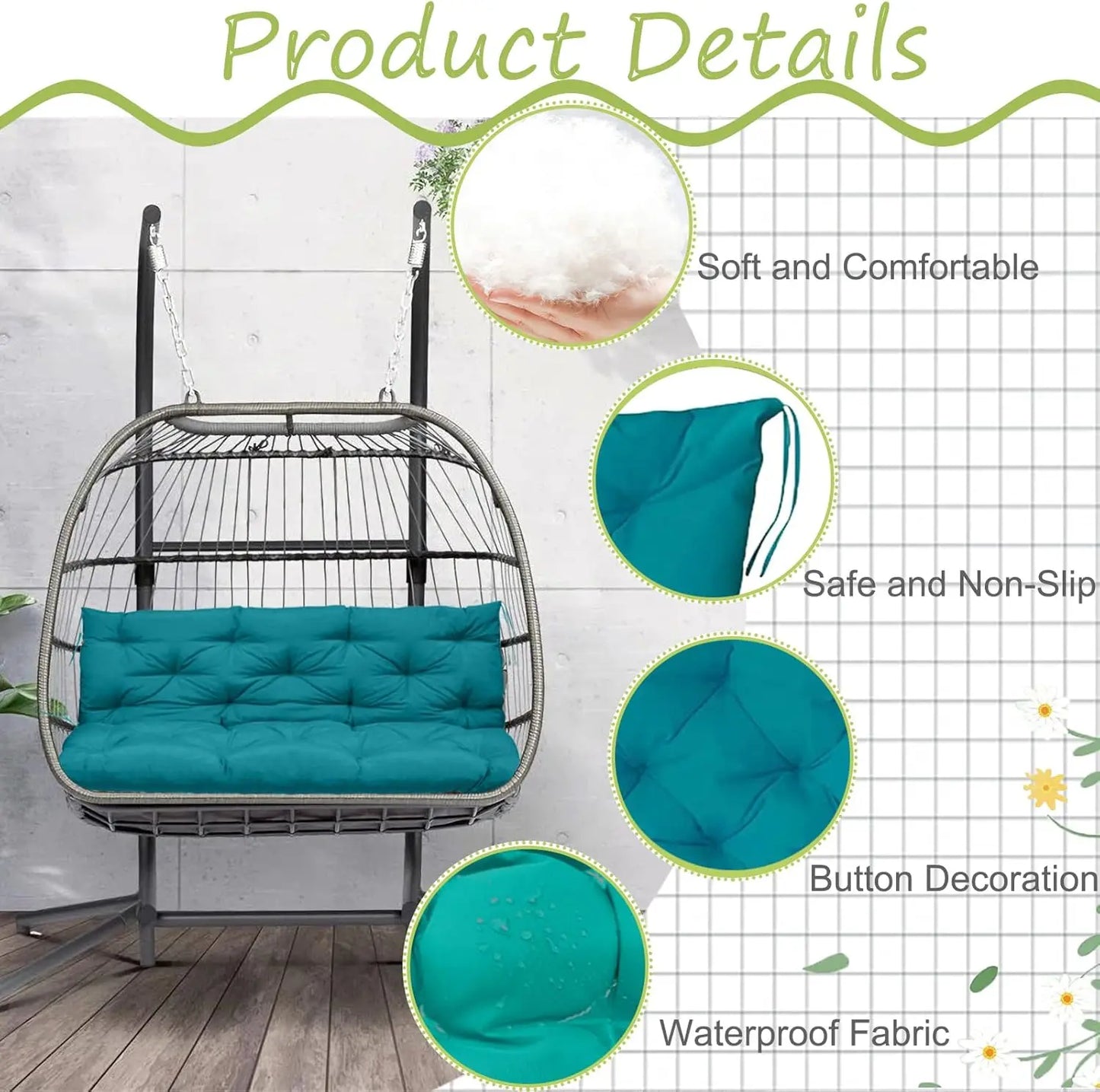 Thick 4 Inch Outdoor Swing Seat Cushion With Backrest And Ties For Patio Porch
