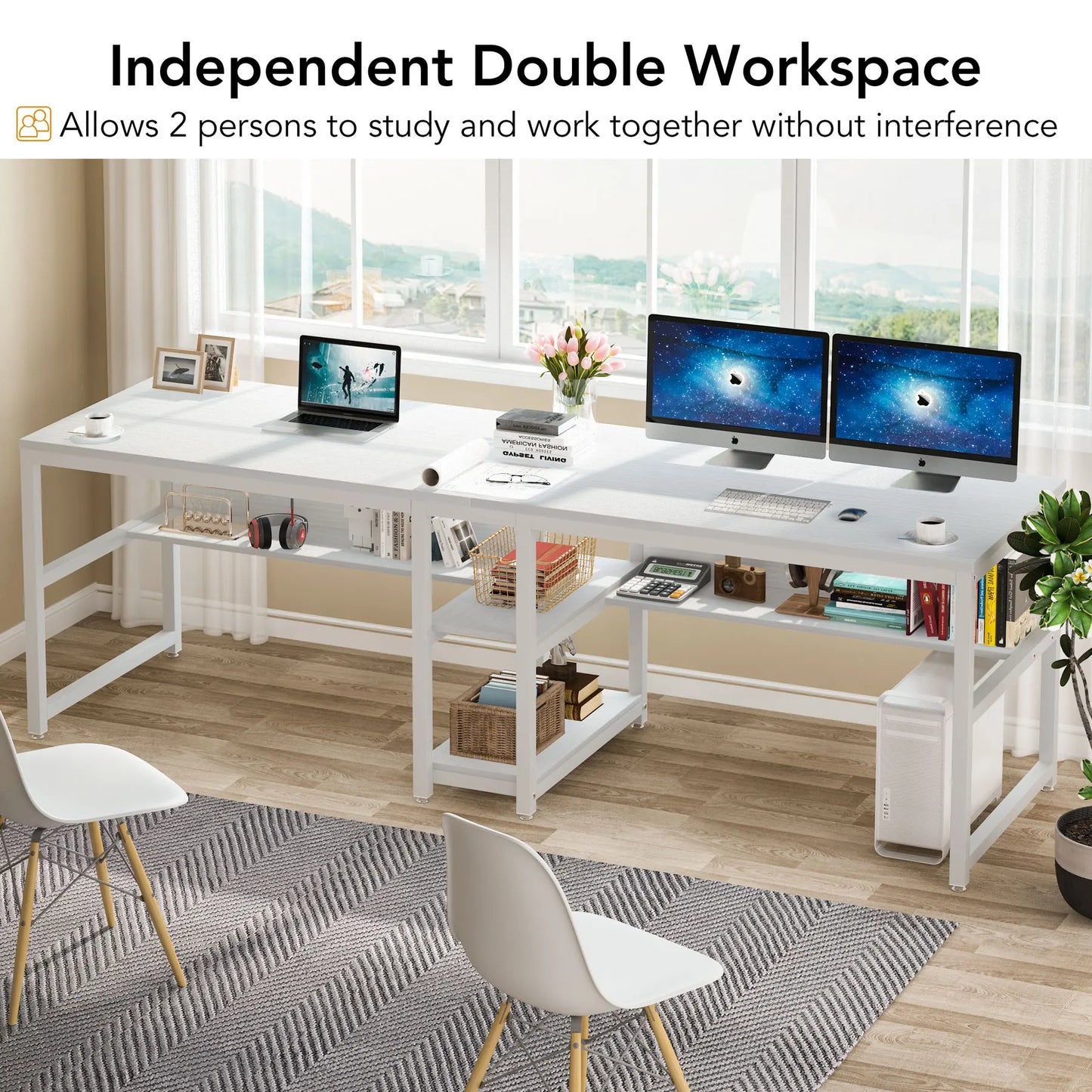 Tribesigns Two Person Desk With Bookshelf 78.7 Inch Rustic Double Computer Desk