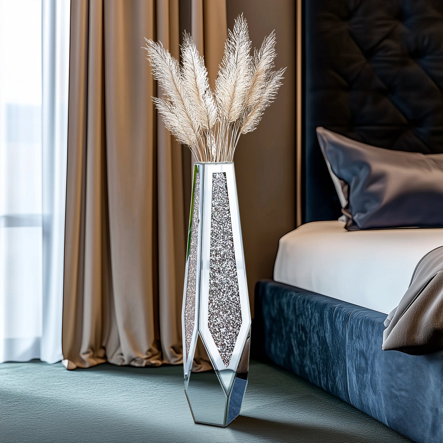 Tall Floor Mirror Vase Large Crushed Diamond Glass Vase for Home Decor Modern Crystal Centerpiece for Living Room Wedding Hotel