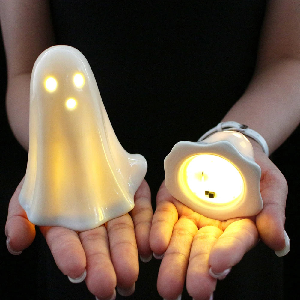 Halloween LED Light Up Ghost Decor Handmade Ceramic Ghost Sculpture Illuminated Desktop Decoration