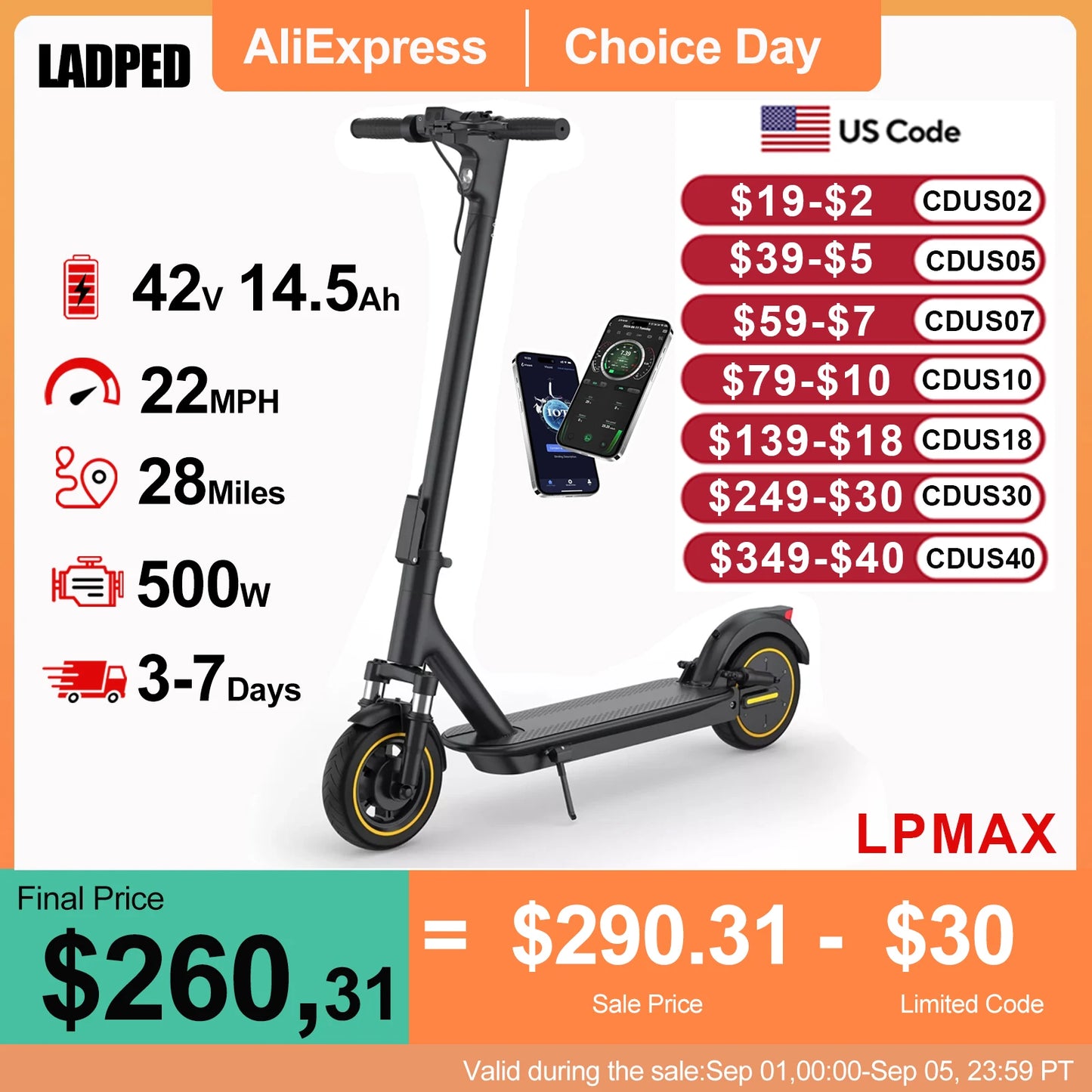 Ladped LPMAX 10In Solid Tires Folding Scooter 22MPH