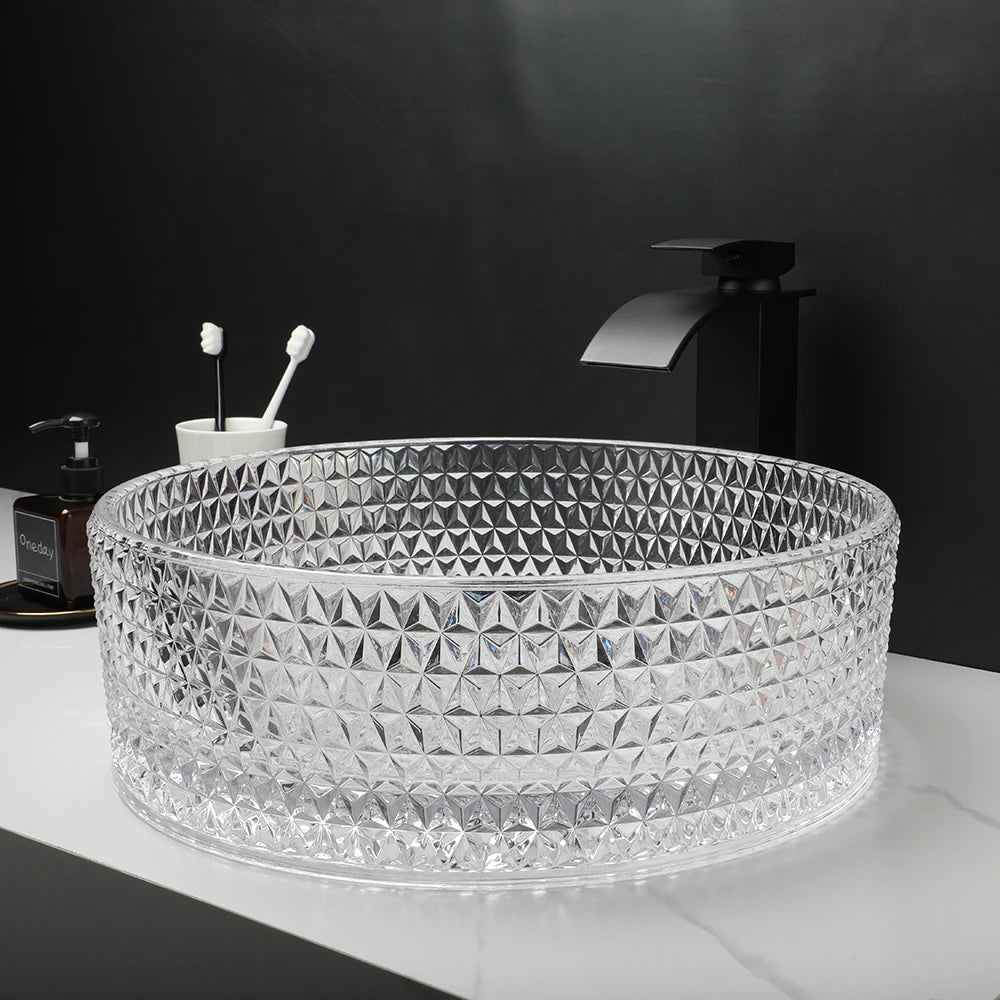 ZAPPO Black Glass Vessel Sink With Deck Mount Faucet