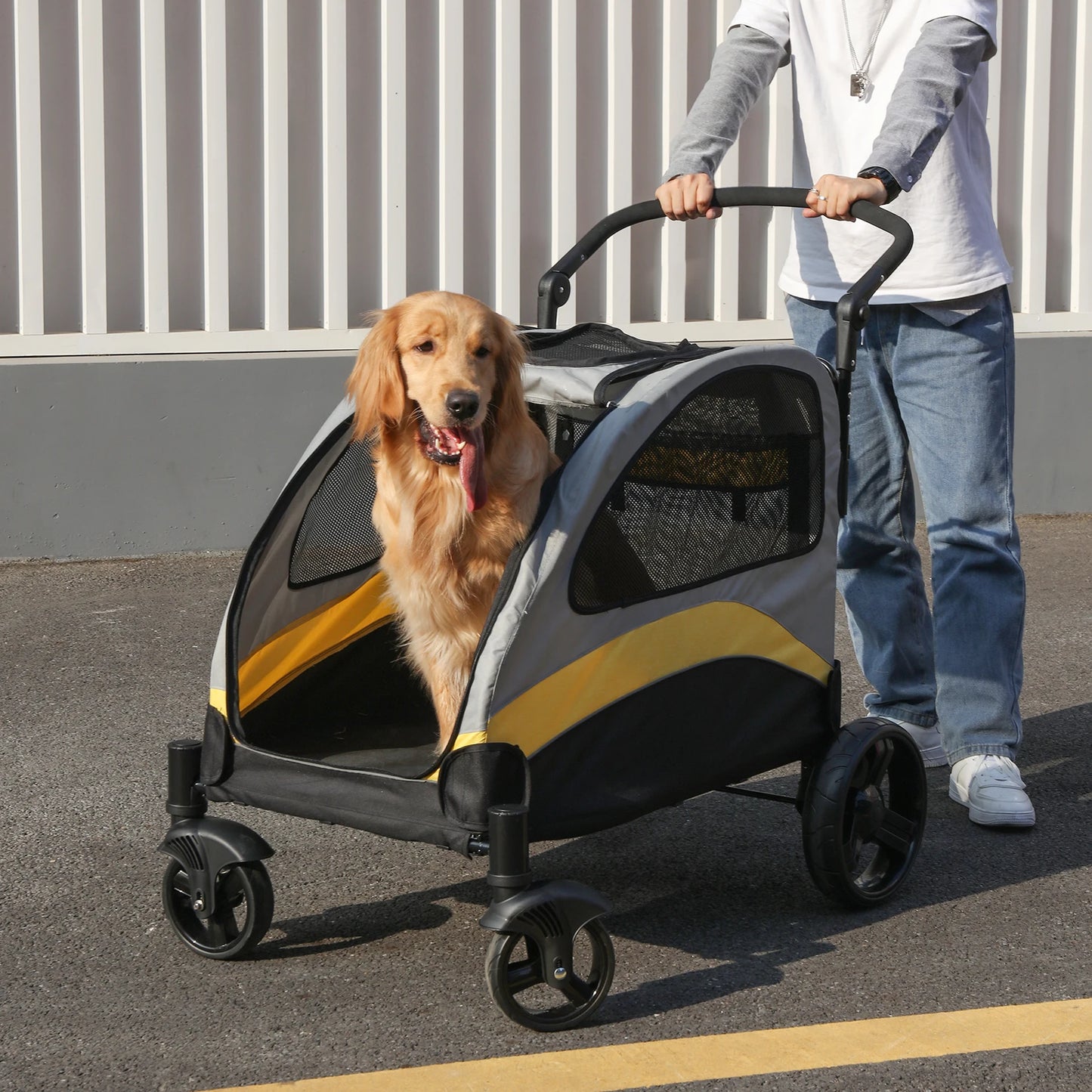 Portable Dog Stroller Four Wheels Foldable Breathable Carrier For Large Dogs
