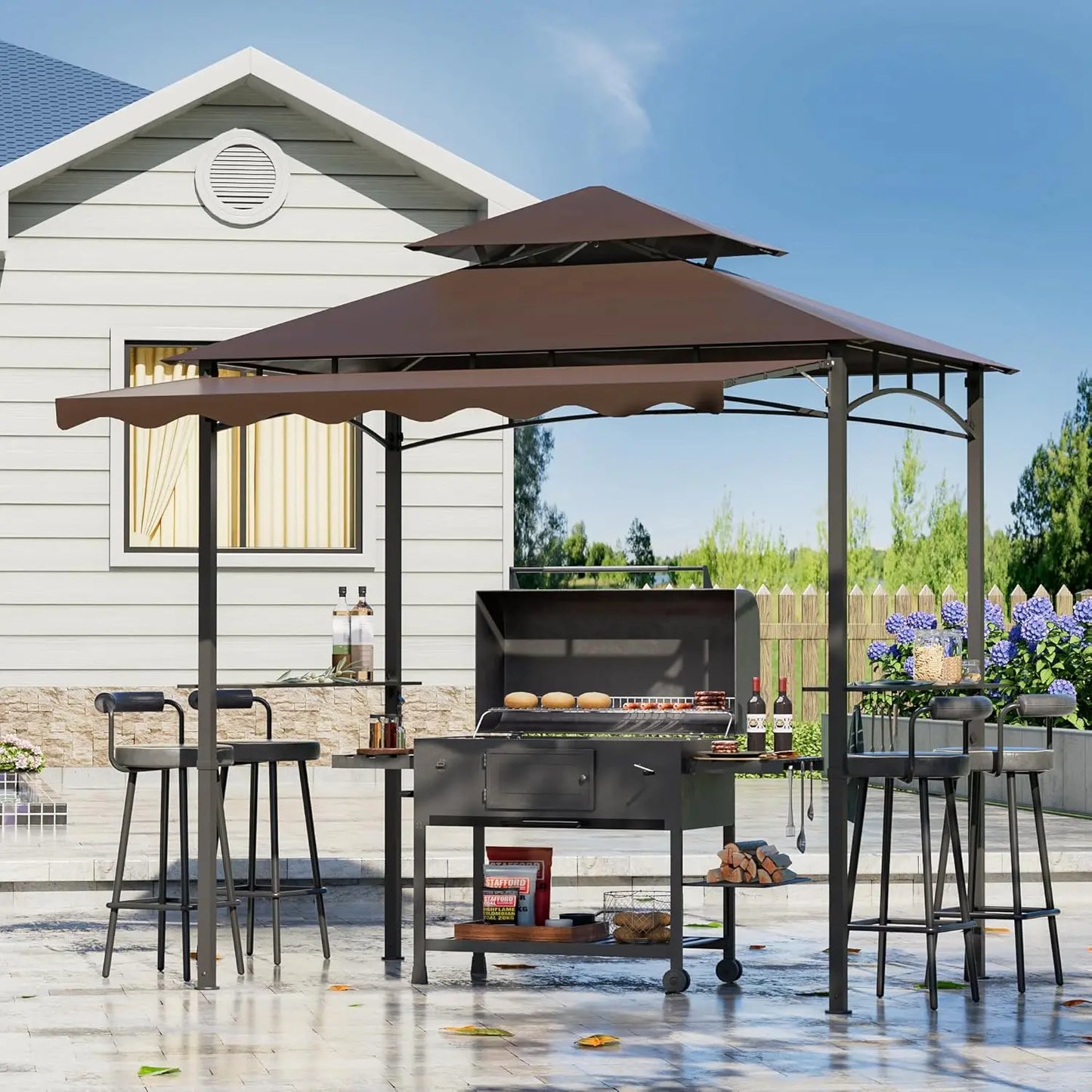 8x8x5 Ft BBQ Gazebo Double Tier Patio Canopy Tent With Side Awning Shelves
