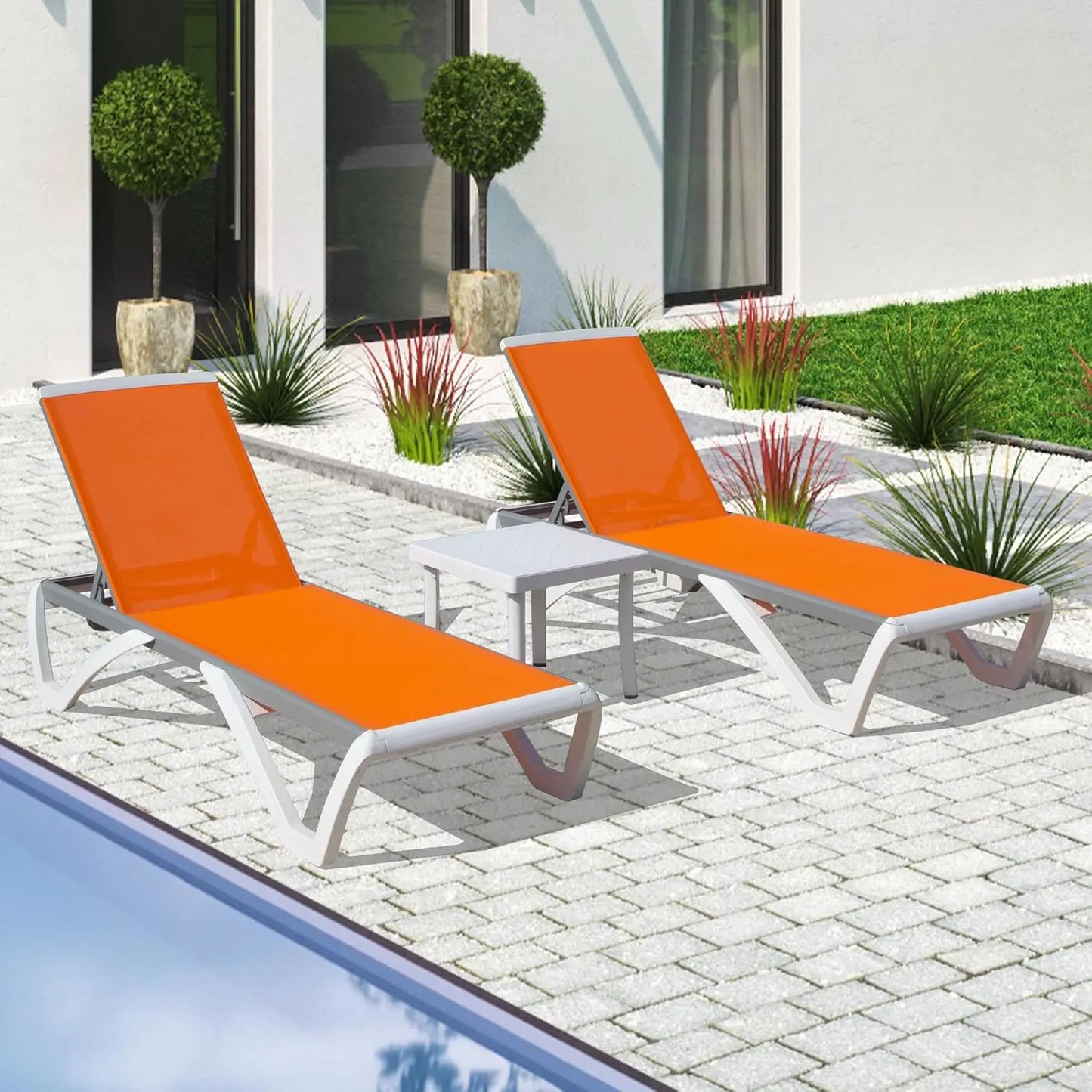 5 Position Aluminum Outdoor Lounge Chair Set Of 3 With Wheels All Weather