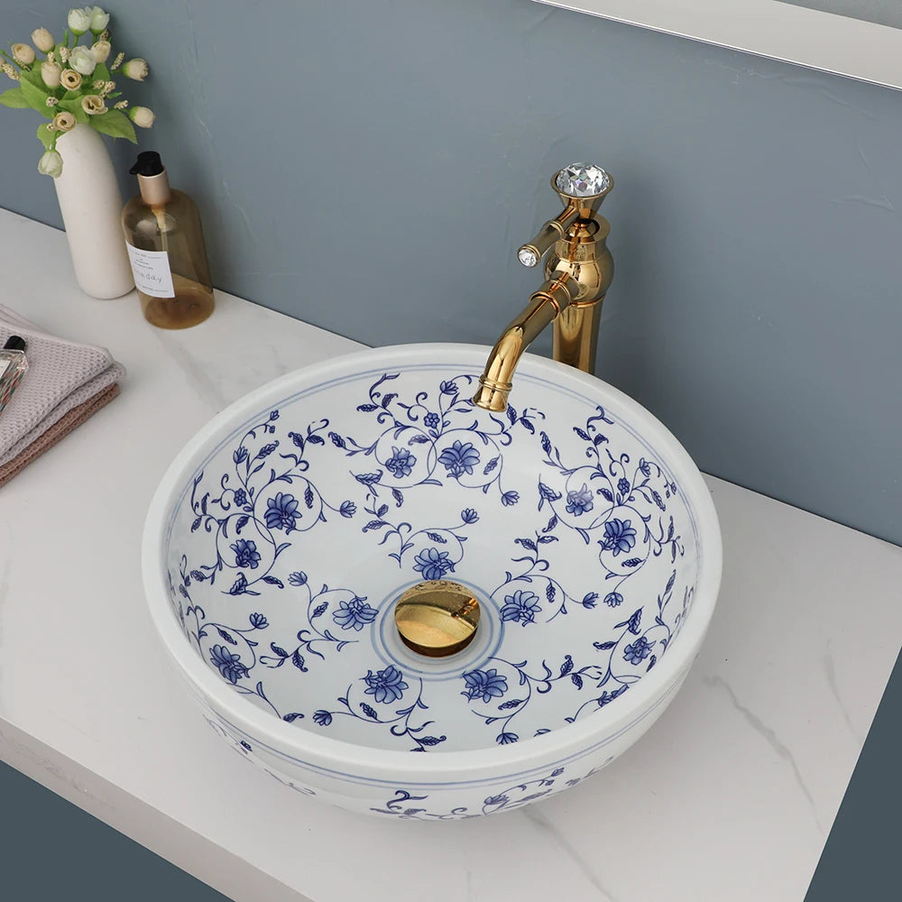 Hand Painted Ceramic Round Bathroom Basin Sink With Faucet
