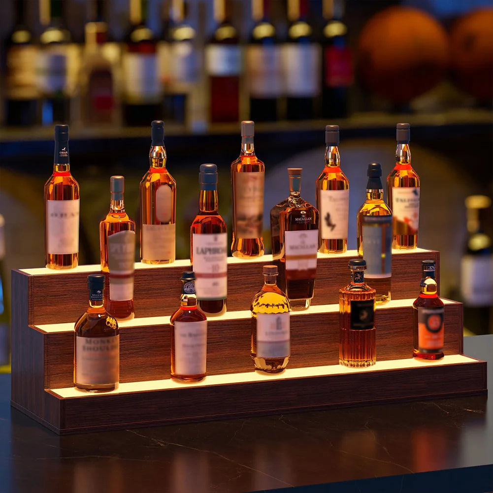 Led Lighted Wooden Liquor Shelves With App Remote Control