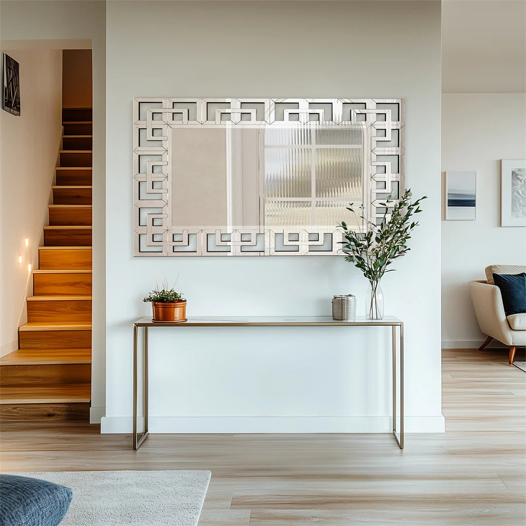 LUVODI 48 Inch Silver Wall Decorative Mirror Polished Hollow Out Accent Mirror for Hallway Living Room and Fireplace