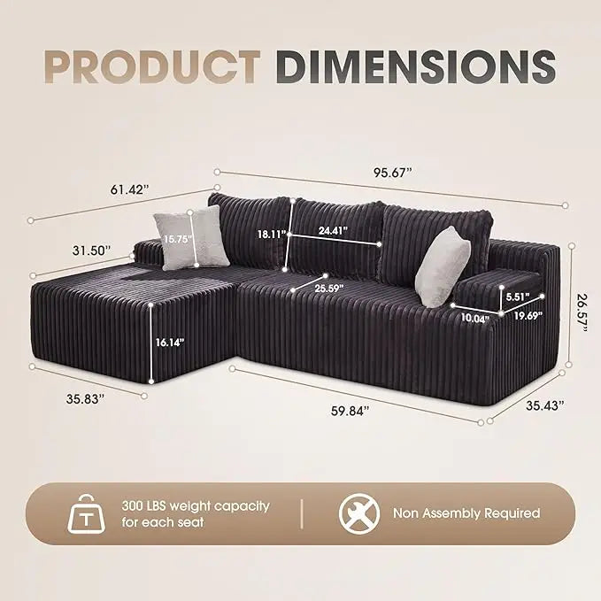 Modular L Shaped 3 Seat Sectional Sofa Memory Foam Storage