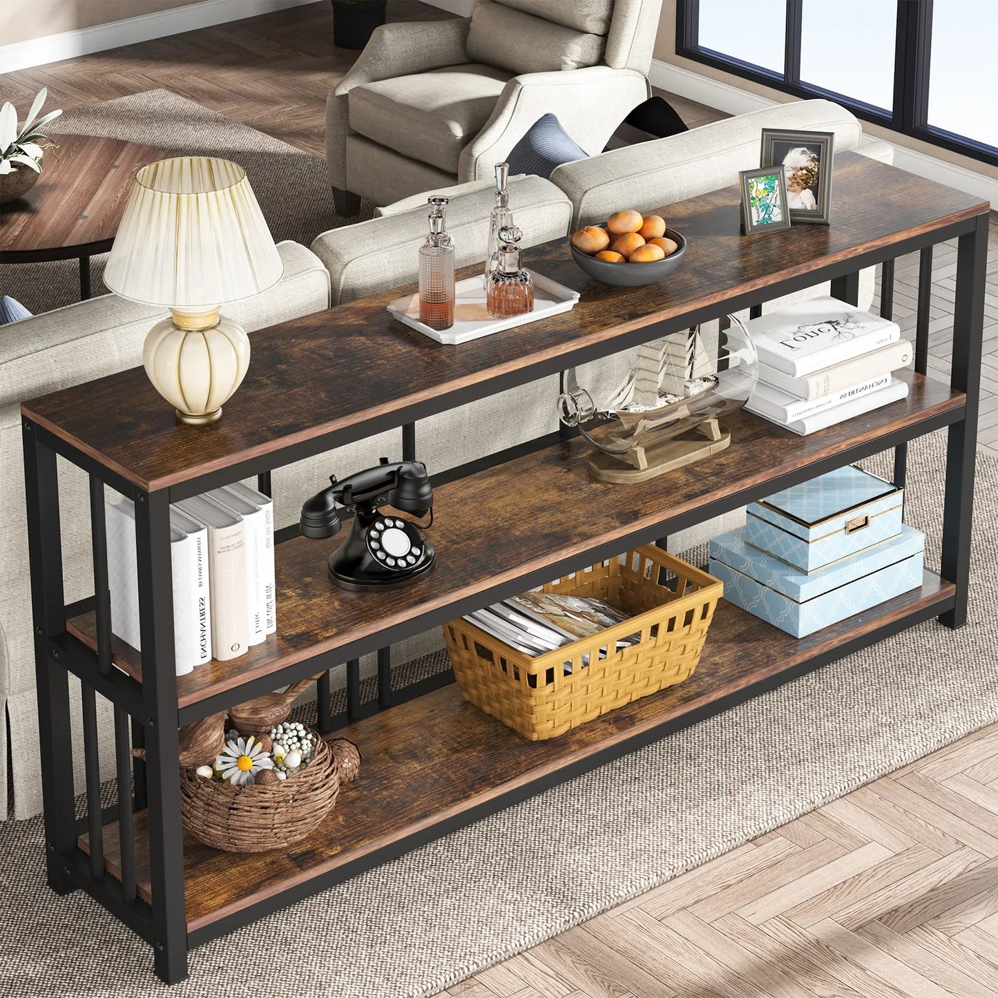 Tribesigns Long Console Sofa Table 70.89 Inch 3 Tier Rustic