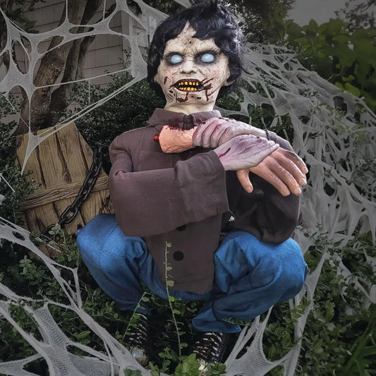 Crouching Limb Eater Zombie Boy Halloween Animatronics Motion Activated Indoor Outdoor Display