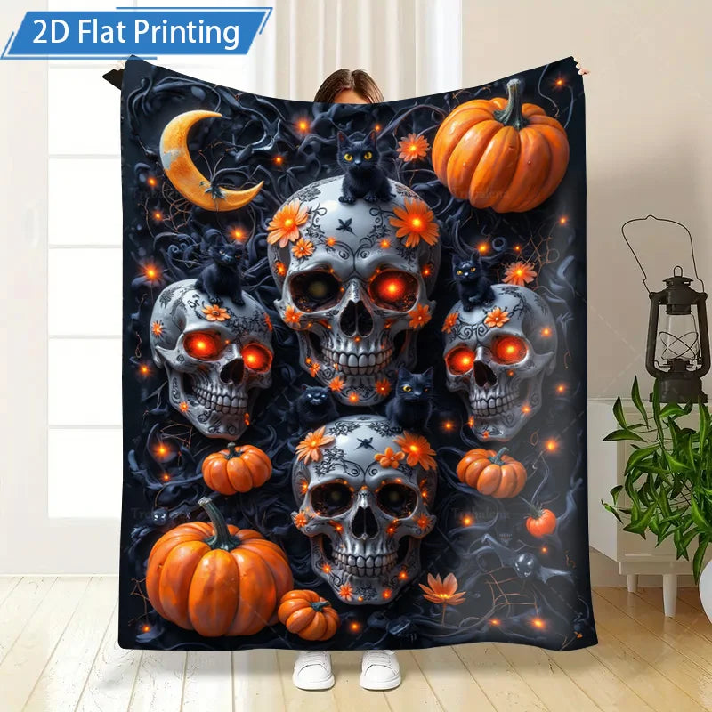 Halloween Skull Pumpkin Flannel Blanket Spooky Gothic Throw