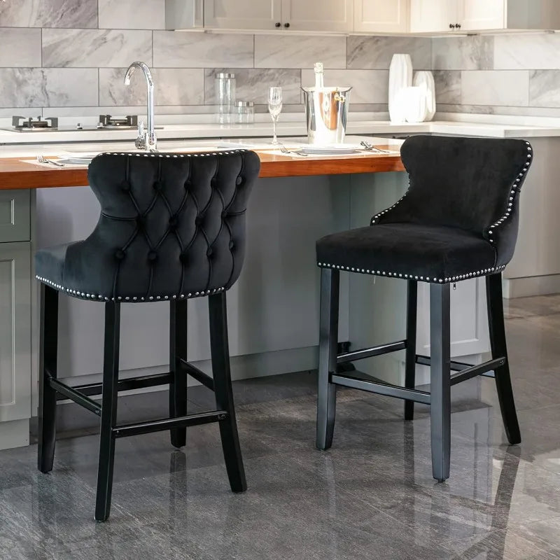Velvet Wingback Bar Stools Set Of 2 Tufted Counter Height With Wood Legs