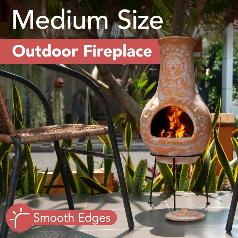 Medium Outdoor Clay Chimeneas With Chimney Rain Lids And Metal Stands Terracotta