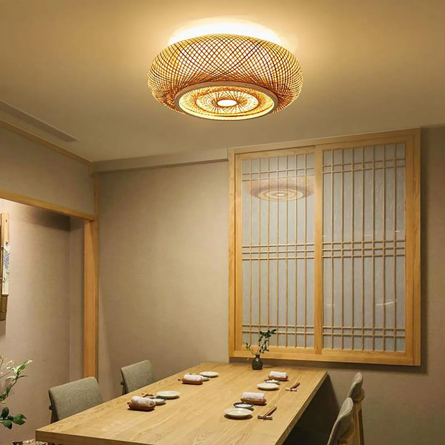 E27 Bamboo Flush Mount Ceiling Light Rustic Rattan Hanging Lamp 3-Lamp 110V 220V 40cm 50cm Bulb Not Included