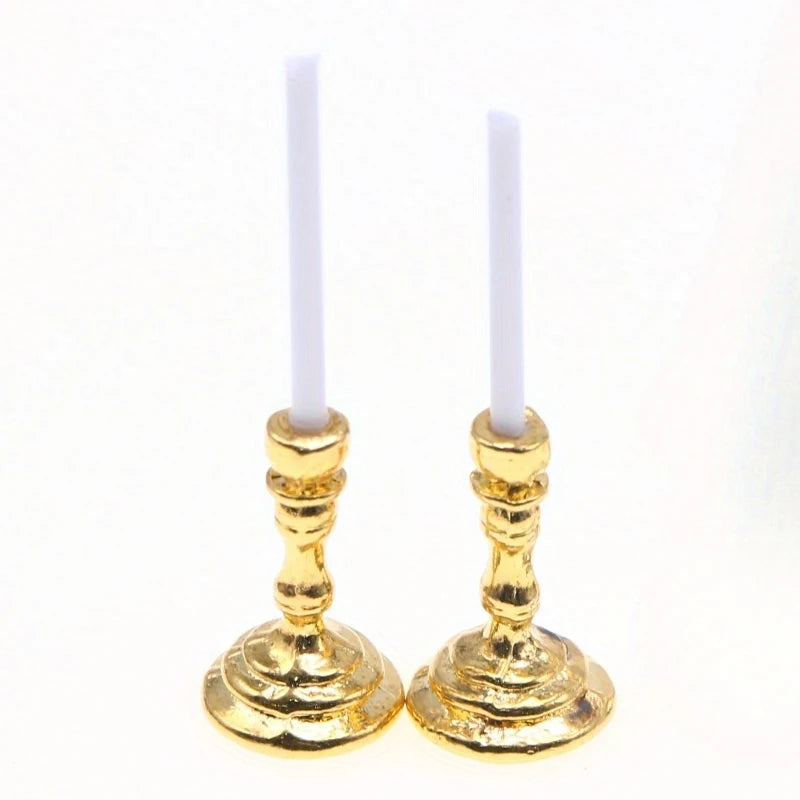 Set Of Miniature Golden Candle Holders For Dollhouse Decor