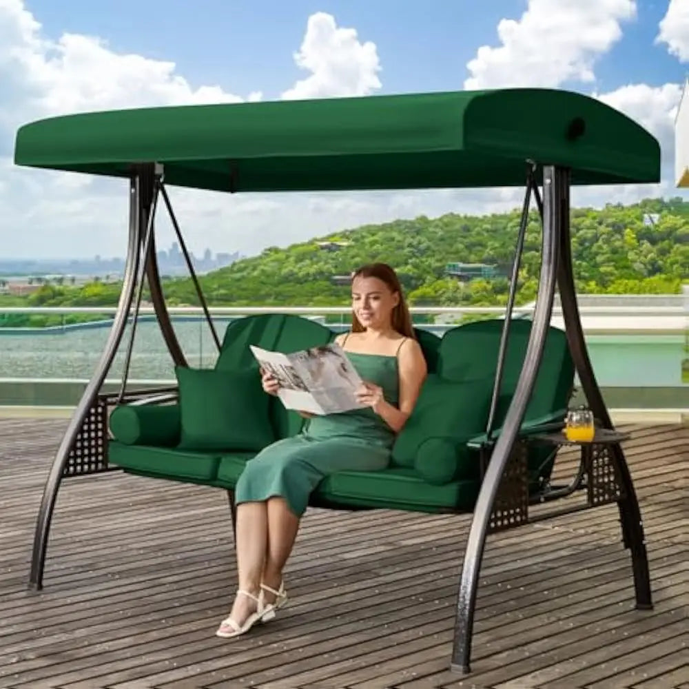 3 in 1 Outdoor Porch Swing With Adjustable Canopy 3-Seat Thick Cushions Pillows Cup Holders Heavy Duty Alloy Steel Frame 750 Lb Capacity