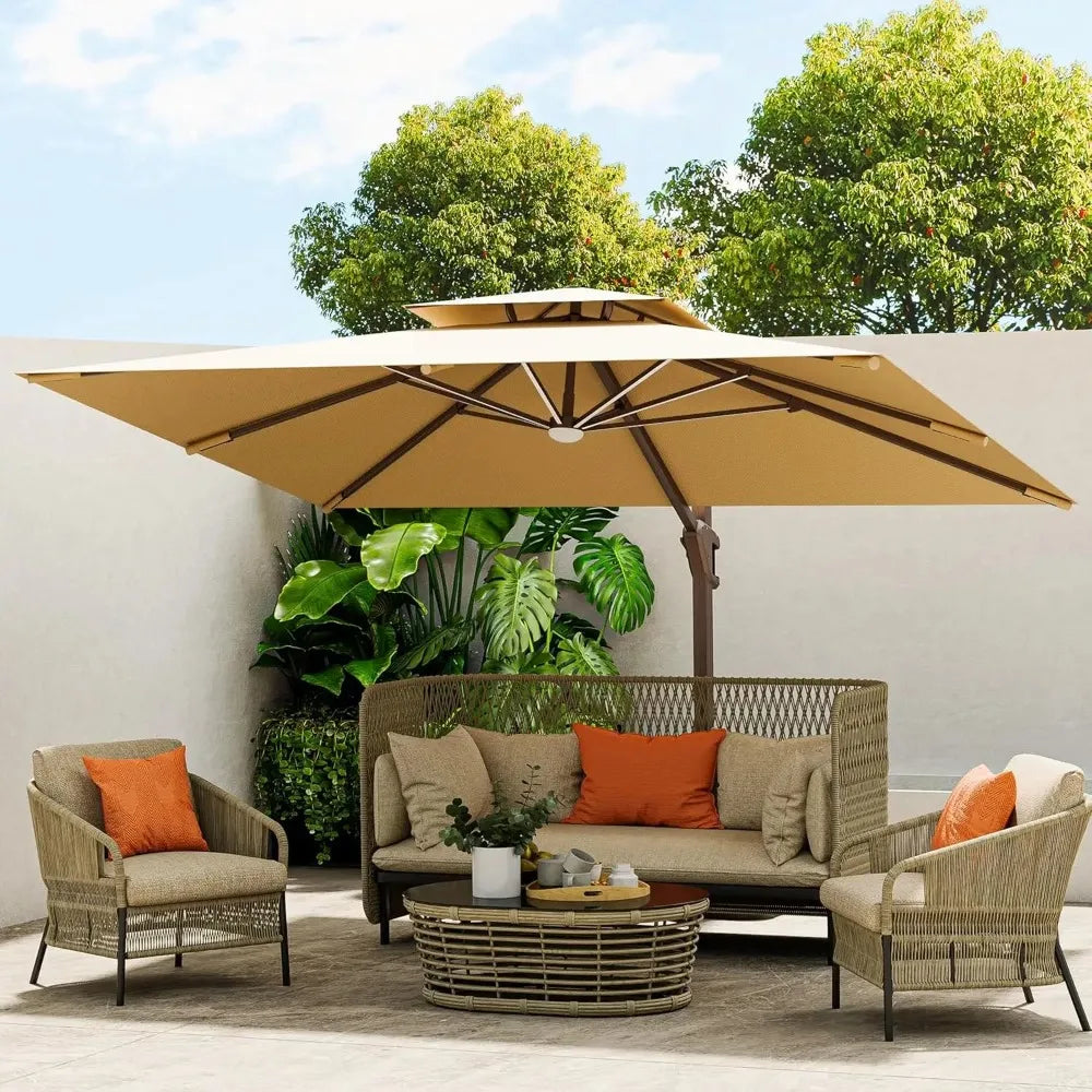 10x13 Ft Cantilever Outdoor Patio Umbrella With LED Lights Beige 360 Rotation