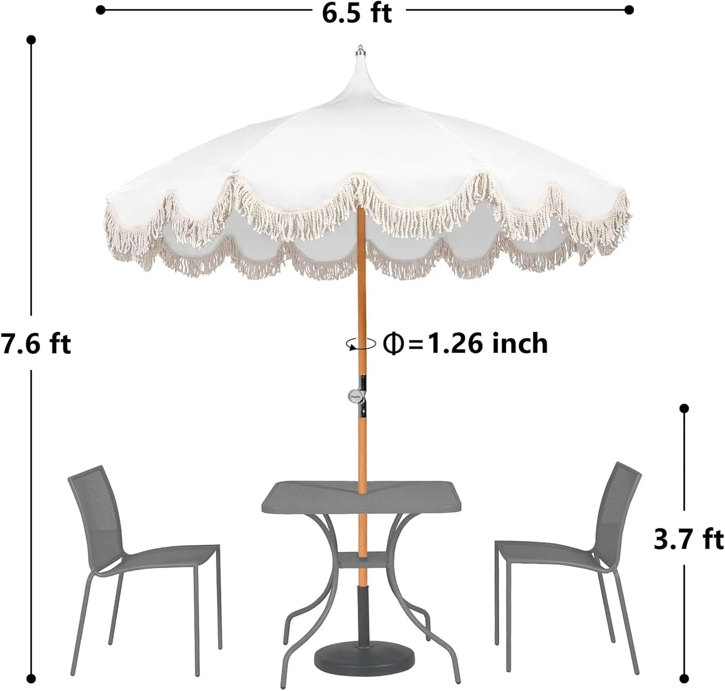 6.5ft Boho Beach Umbrella With Fringe UPF 50 Foldable Wood Pole Carry Bag