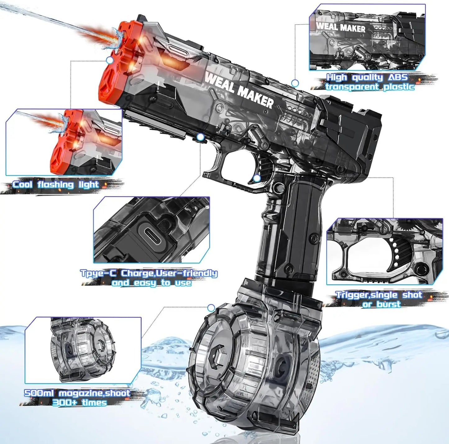 3 Pack LED Water Guns USB C Charging Auto Squirt Up To 30 Ft Outdoor Summer Toys