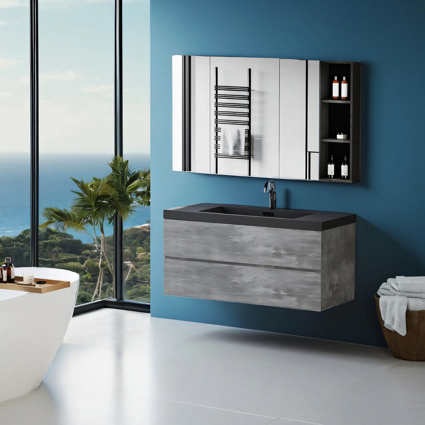 48 Inch Floating Bathroom Vanity With Sink Black Quartz Top