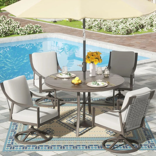 5 Piece Outdoor Patio Dining Set With Swivel Chairs And Round 38 Inch Table
