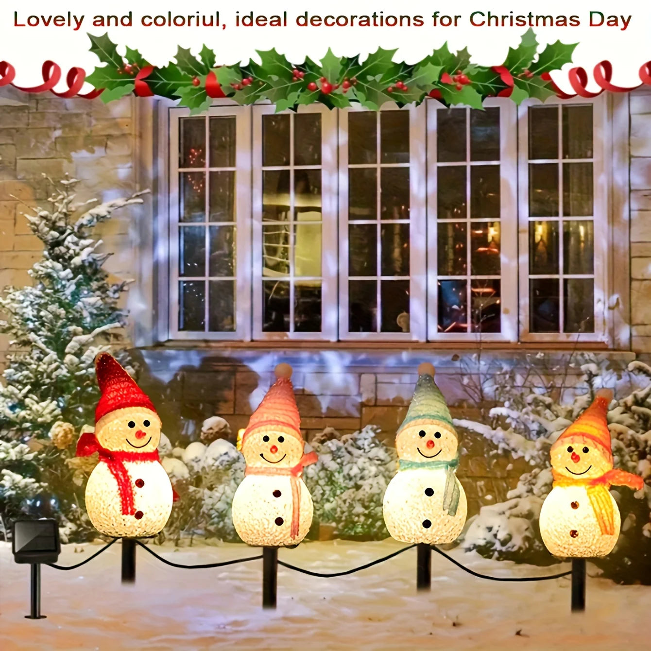 Solar Powered Snowman Lights 4-Piece Set With 1 Solar Panel Christmas Lawn LED