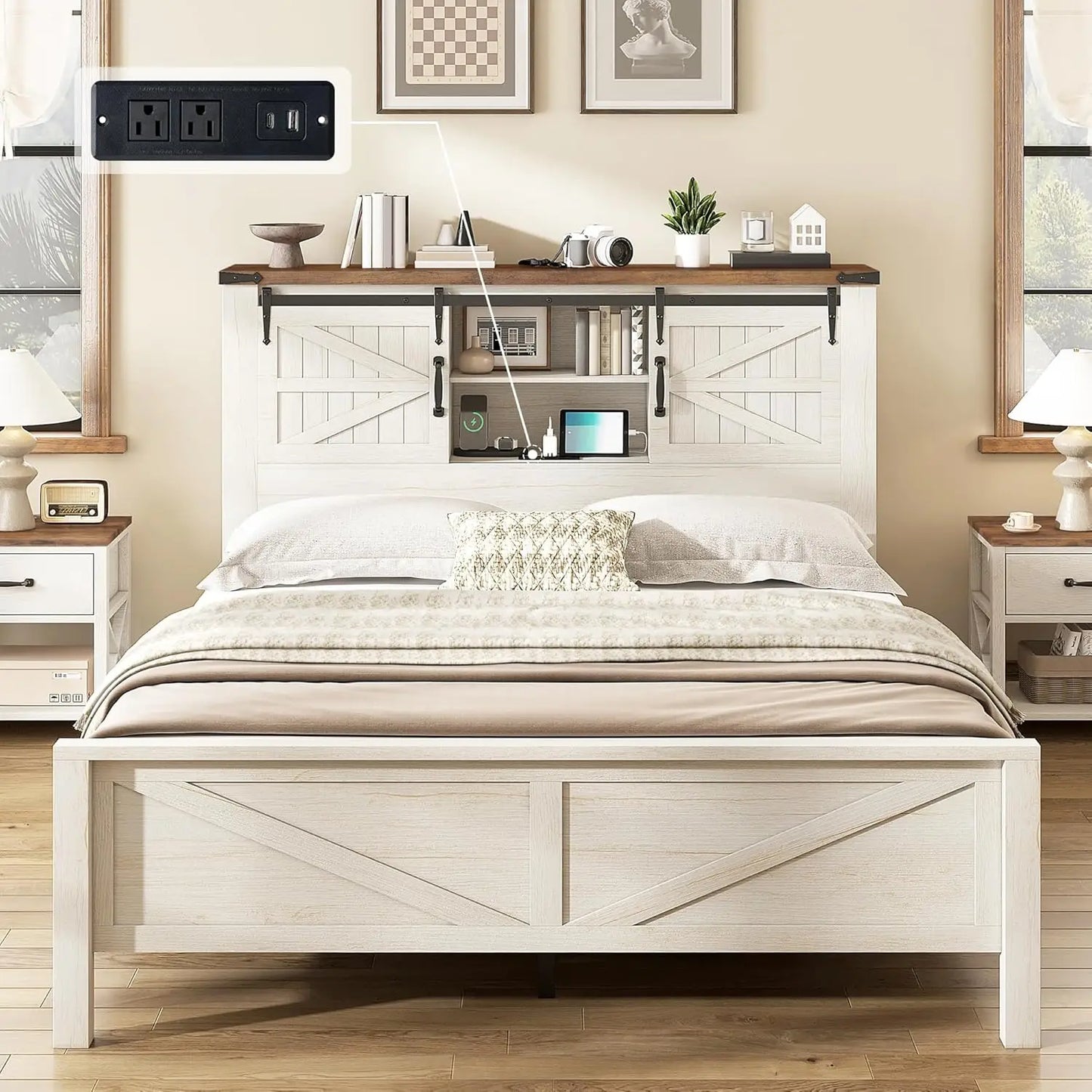 Farmhouse Queen Bed Frame With Storage USB Headboard No Box Spring White Finish