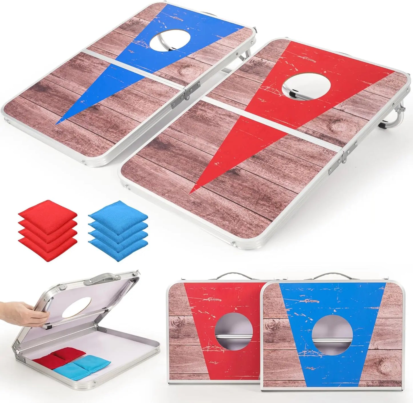 Portable Cornhole Board Set With 8 Bean Bags Aluminum Edging For Beach Tailgates