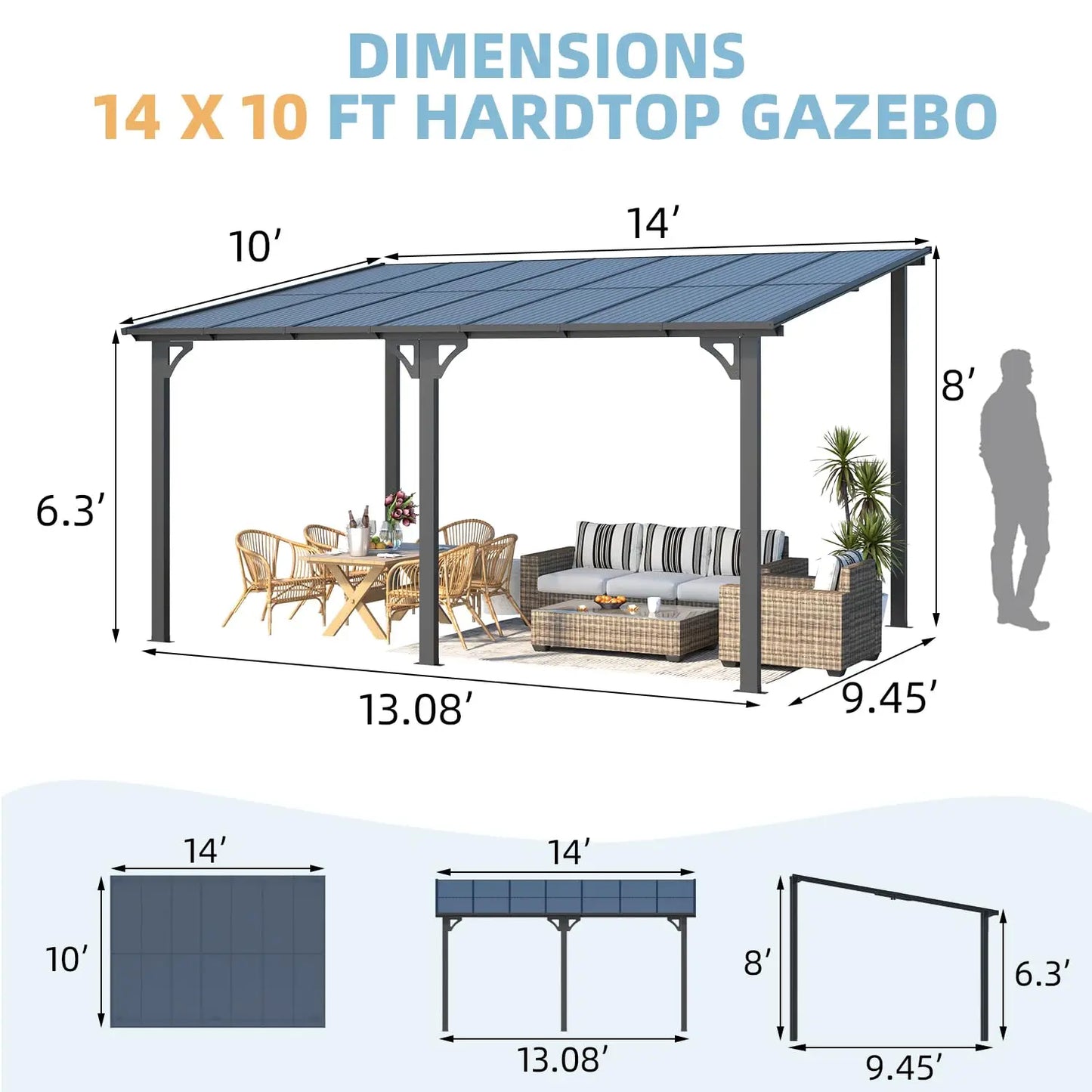 14x10 Patio Gazebo Hard Top Lean To Pergola Aluminum Frame 140 Sq Ft Shade