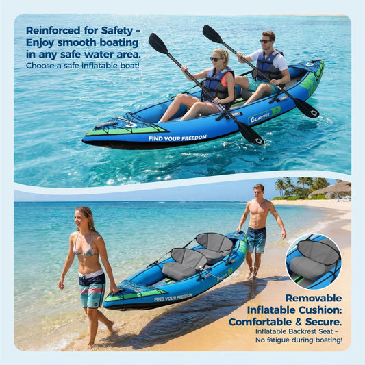 Two Person Inflatable Kayak For Fishing And Touring With Padded Seat And Fins