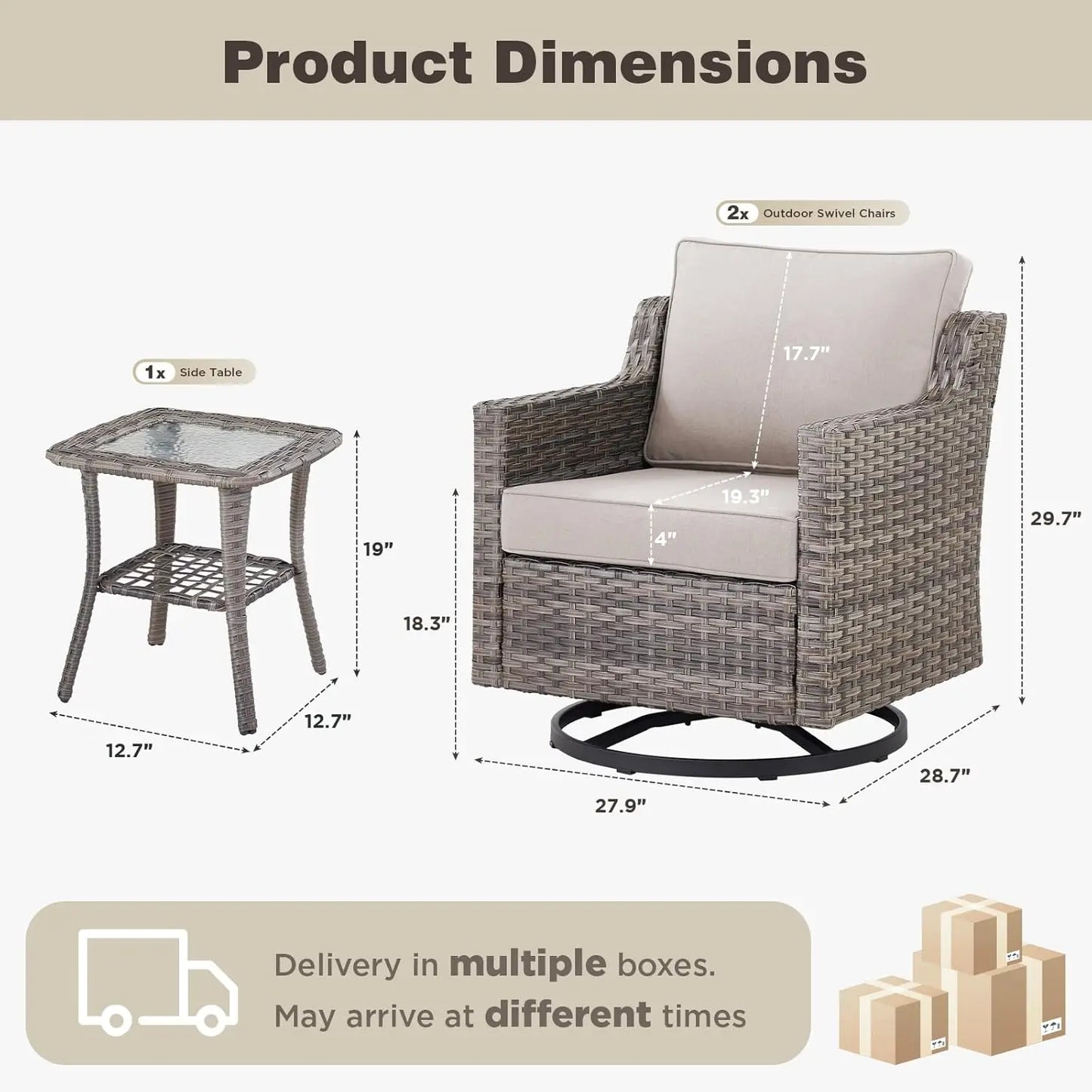 Swivel Rocker Wicker Chairs And Side Table Set All Weather Outdoor 3 Piece Beige