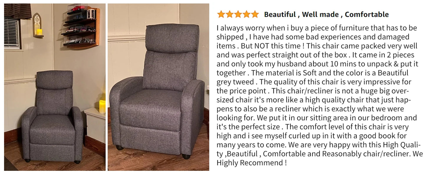 JHK Recliner Chair Massage Sofa Fabric Lumbar Support Grey