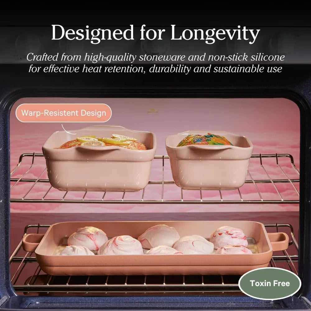 Bakeware Set 5 Piece Nonstick Toxin Free Ceramic Cast Aluminum Set with Oven Pan Bakers and Oven Mat