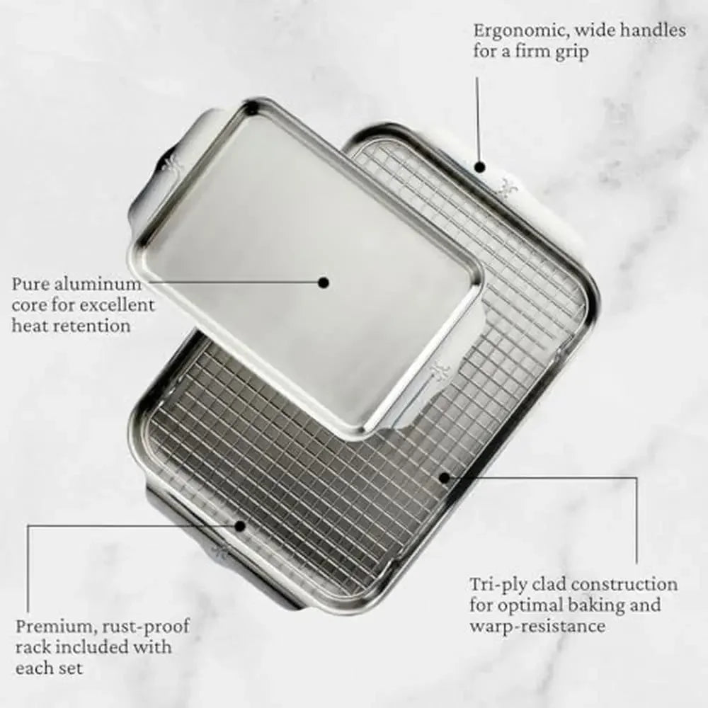 Stainless Steel Baking Sheet Set 5 Piece Ovenware Collection Triple Bonded Aluminum Core Brushed Surface Warp Resistant 18 Inch x 13 Inch