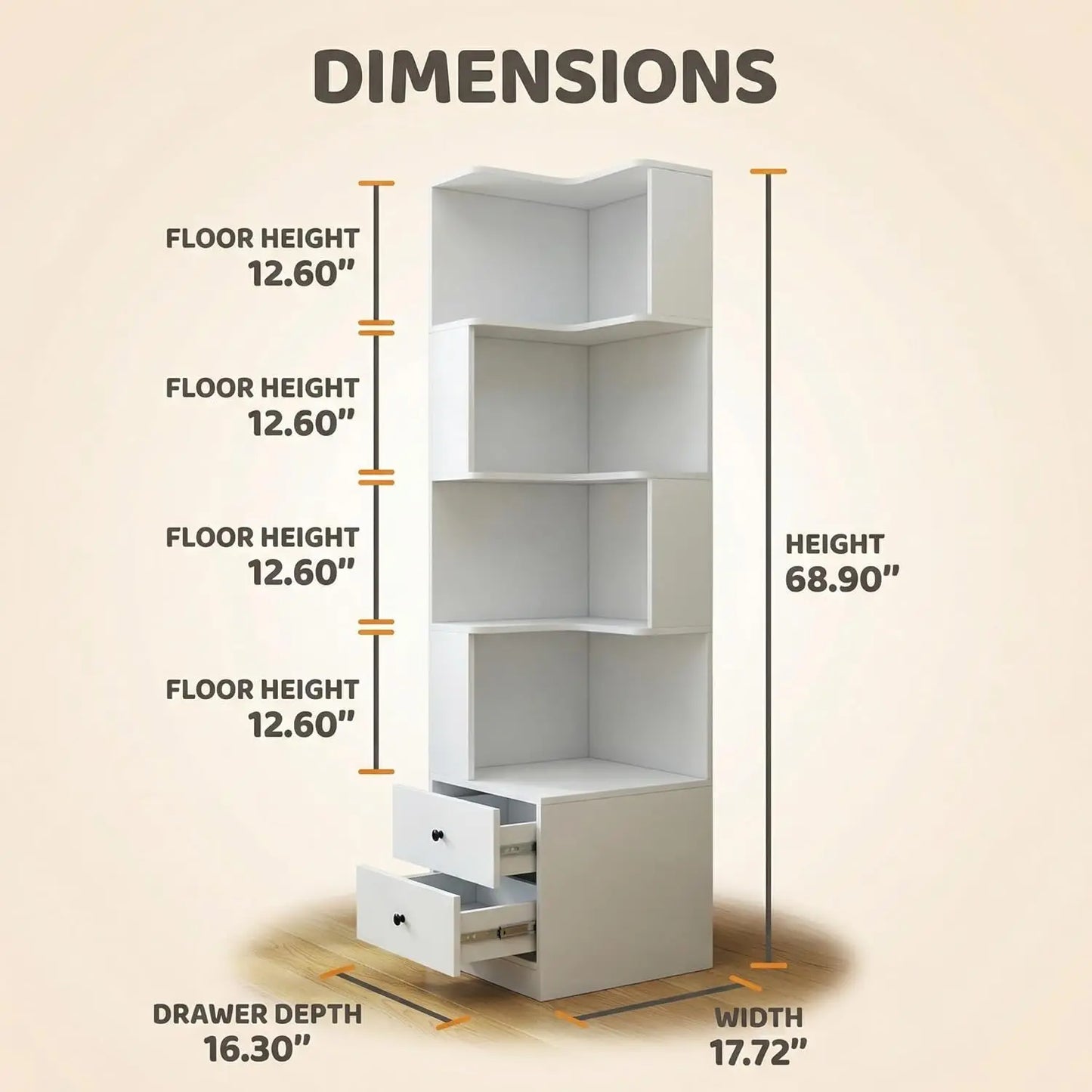 Arvolia 4 Tier Corner Bookshelf With Drawers And LED Lights L Shaped Shelf