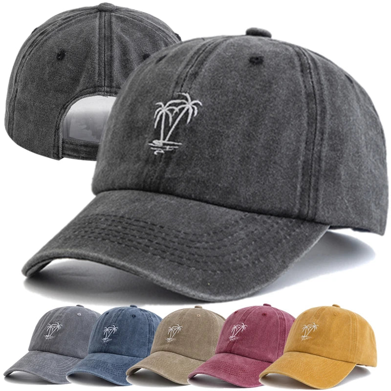 Washed Cotton Cap With Coconut Tree Embroidery Unisex Vintage Baseball Hat
