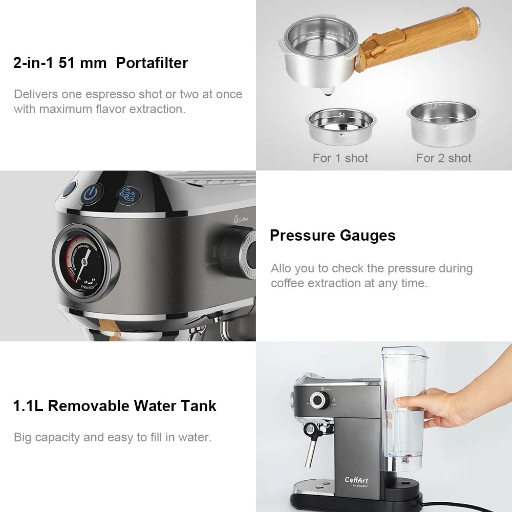 BioloMix 20 Bar Semi Automatic Powder Coffee Machine with Milk Steam Frother for Espresso Cappuccino Latte and Mocha