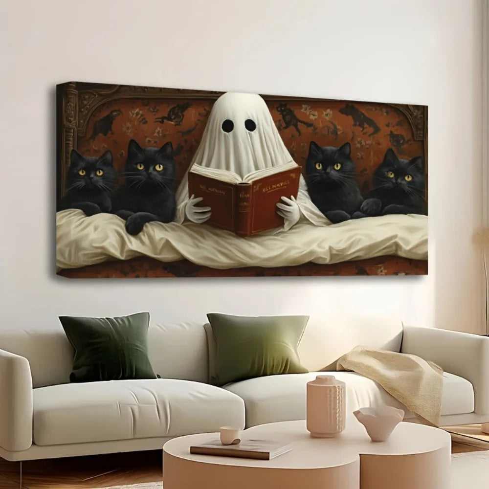 Pine Wood Frame Canvas Painting Ghost Reading In Bed Halloween Wall Decor
