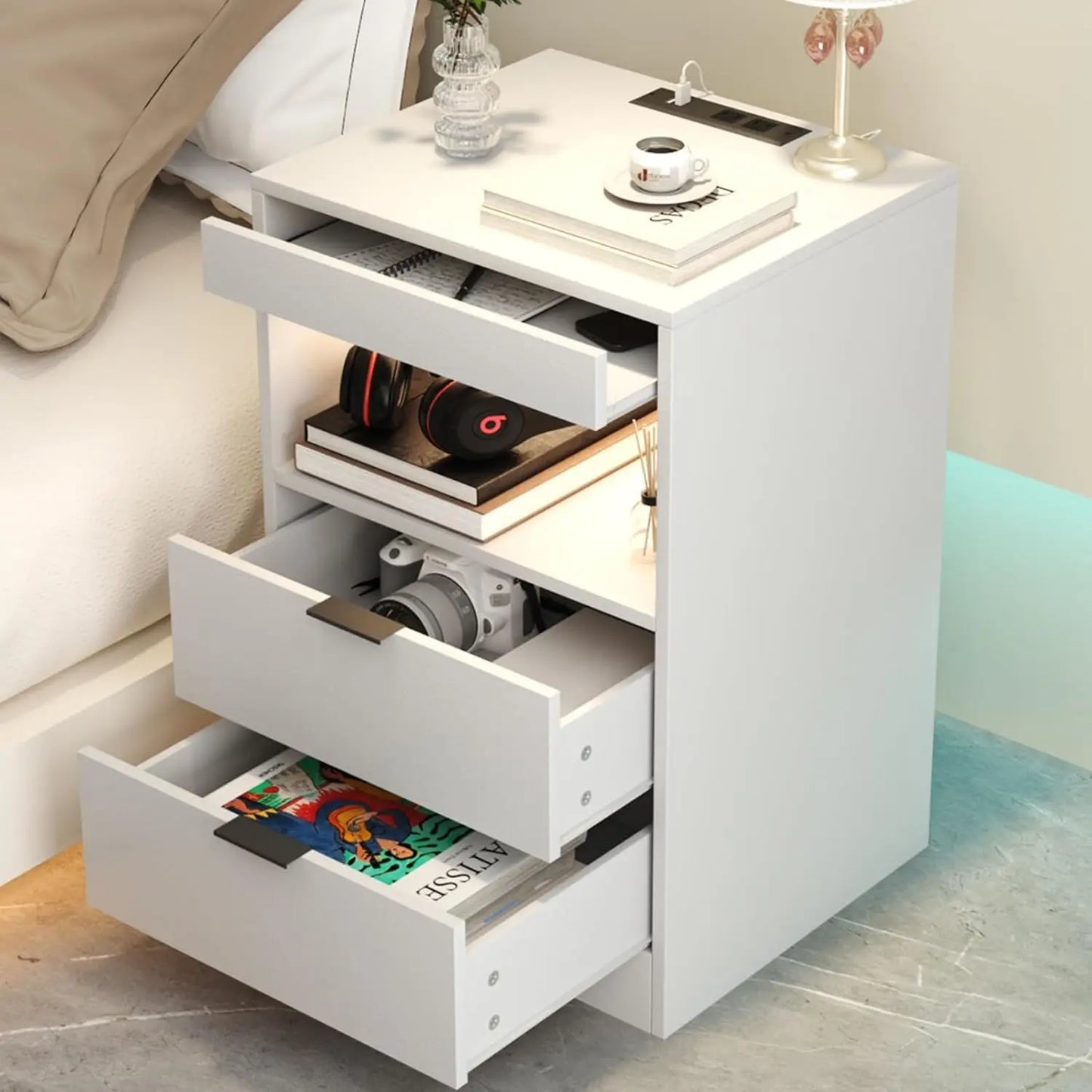 LED Nightstand With Charging Station 3 Drawers End Table